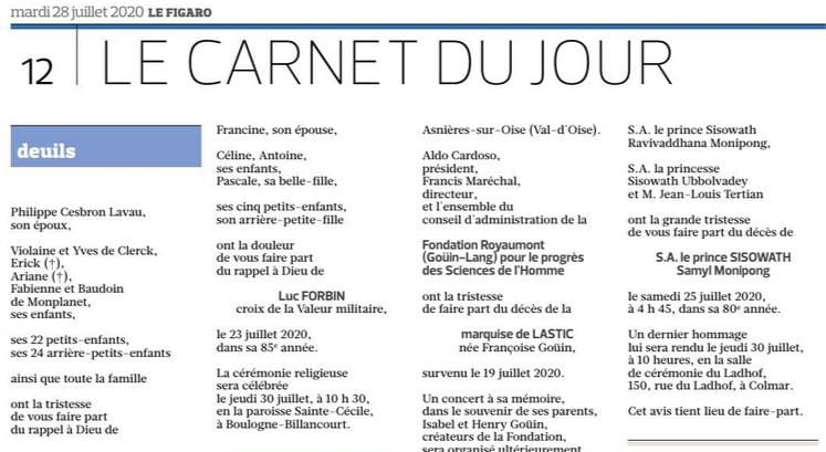 Figaro Carnet du Jour 28 juillet 2020